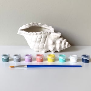May include: A white ceramic seashell planter with a blue paintbrush and ten small paint pots in various colors: teal, gray, lavender, peach, yellow, turquoise, white, and navy.