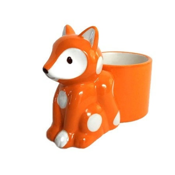 Vintage Small Polka Dot Orange Fox Ceramic Planter For Succulents