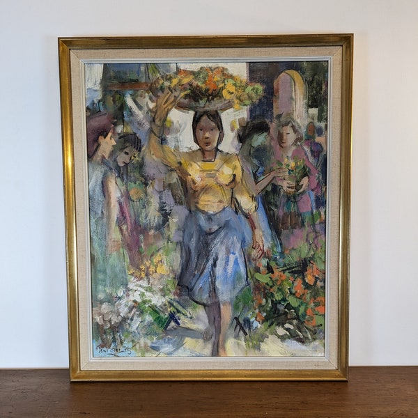 Huile sur panneau "Marchande de fleurs" par Jean GILIS (1897-1990)