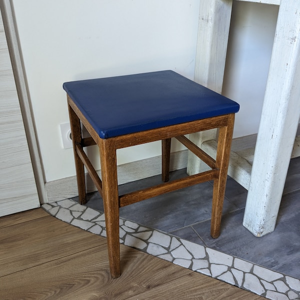 Tabouret scandinave vintage en skai bleu