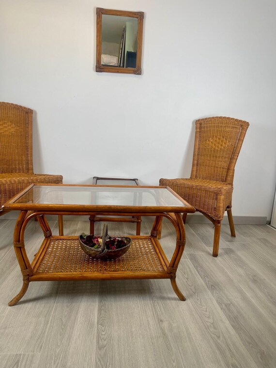 ビンテージ オールド ラタン ガラステーブル コーヒーテーブル 楽天市場】ラタンガラス テーブル 40cm幅 ガラステーブル サイド