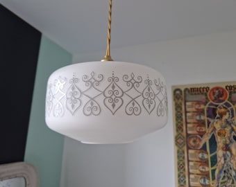 Vintage bol suspensie wit en zilver glas