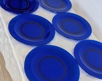 Juego vintage de 6 platos de cristal azul cobalto CODEC – platos grandes de 30 cm – cristalería retro de los años 60