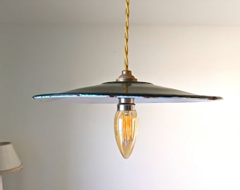 Vintage industrial pendant light in green enamelled sheet metal