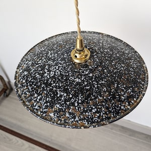 Vintage industrial pendant light in black sheet metal with enamelled white dots