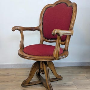 Vintage wooden & garnet fabric captain&#39;s chair - characterful swivel seat