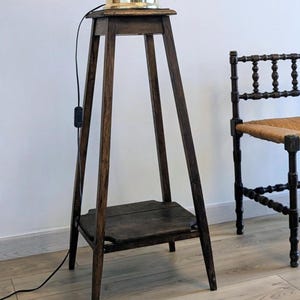 Può includere: Un supporto per piante in legno scuro con un ripiano integrato sostiene una lampada con base nera e oro. La lampada ha un paralume nero e dettagli dorati. Un cavo nero corre lungo il lato del supporto.