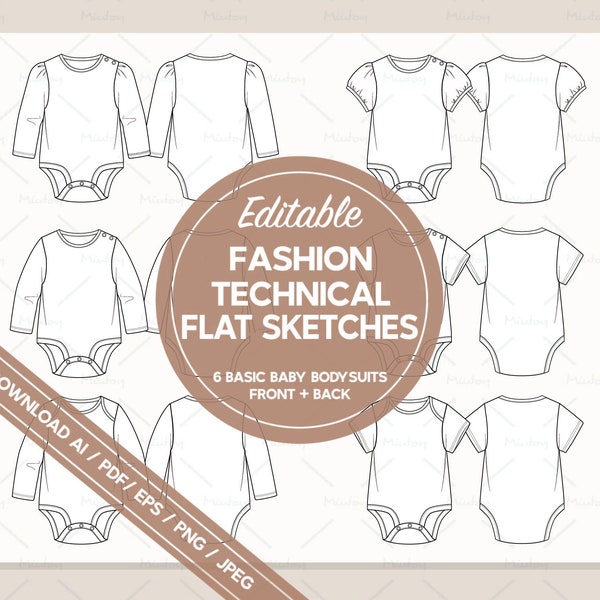 Newborn Infant 1pc onesie fashion flat sketch for technical, cads and design (ai,eps,jpg & png files)