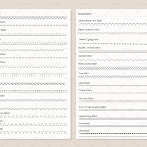 May include: A black and white illustration of different sewing stitches, including fagoting, triple stretch, slant overlock, slant pin, bridging, double action, blanket, feather, ladder, triple zigzag, zigzag, elastic shell tuck, shell tuck, blind hem, straight, stretch blind hem, elastic overlock, stretch zigzag, double overlock, scallop, honey comb, tree, edge, double, flat lock, four thread overlock, lettuce edge, coverstitch, and chainstitch.
