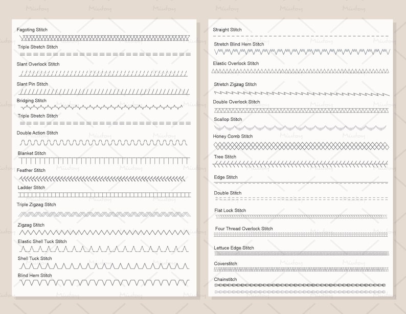 May include: A black and white illustration of different sewing stitches, including fagoting, triple stretch, slant overlock, slant pin, bridging, double action, blanket, feather, ladder, triple zigzag, zigzag, elastic shell tuck, shell tuck, blind hem, straight, stretch blind hem, elastic overlock, stretch zigzag, double overlock, scallop, honey comb, tree, edge, double, flat lock, four thread overlock, lettuce edge, coverstitch, and chainstitch.