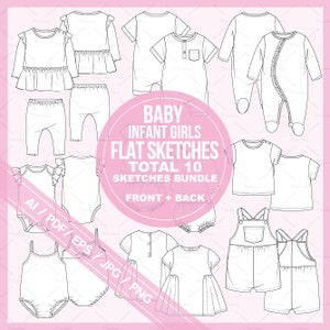 May include: A set of 10 flat sketches of baby girl clothing designs. The sketches include a variety of styles, such as dresses, rompers, tops, and trousers. The sketches are in black and white and are suitable for use in fashion design and illustration.