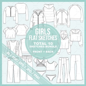 Op de afbeelding: Een set van 10 platte schetsen van meisjeskledingontwerpen, waaronder een bomberjack, een hoodie, een pufferjack, een crop top, een t-shirt, een broek en een spijkerbroek. De schetsen zijn in zwart-wit en zijn gelabeld met "GIRLS FLAT SKETCHES TOTAL 10 SKETCHES BUNDLE FRONT + BACK".