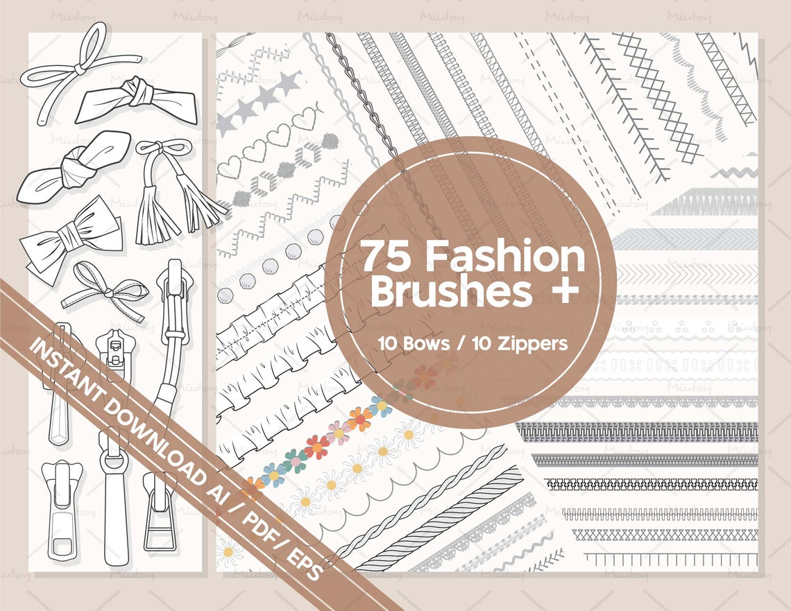 Adobe Illustrator 75 Brushes, Zipper and Trims Bows for Fashion