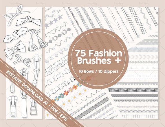 Adobe Illustrator 75 Brushes, Zipper and Trims Bows for Fashion Technical flat sketches - ai, eps & pdf files
