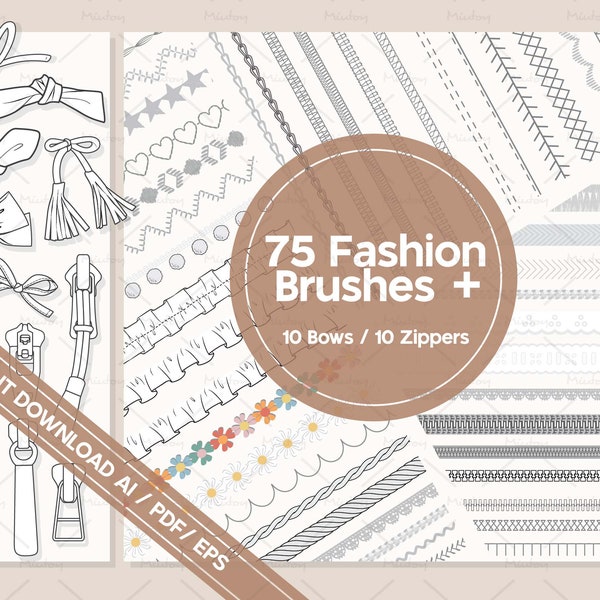 Adobe Illustrator 75 Brushes, Zipper and Trims Bows for Fashion Technical flat sketches - ai, eps & pdf files