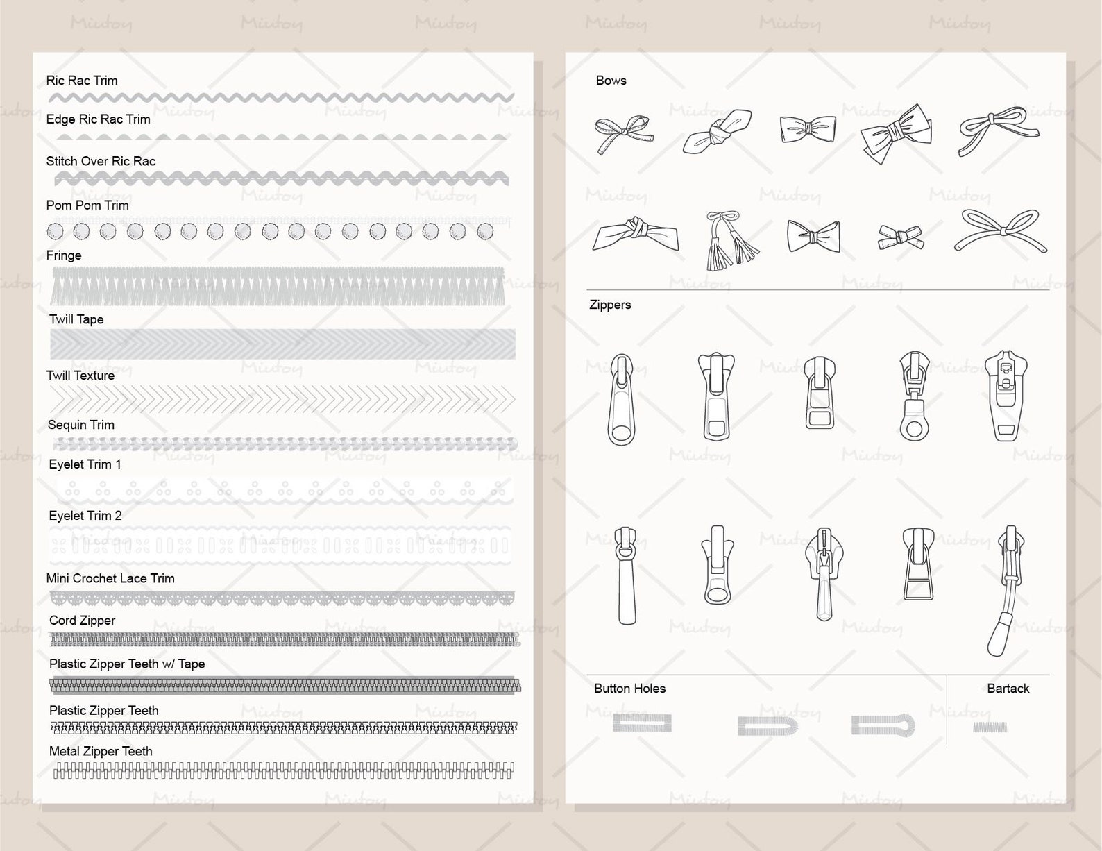 Adobe Illustrator 75 Brushes, Zipper and Trims Bows for Fashion Technical Flat Sketches Ai, Eps