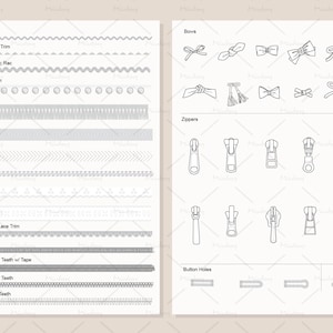 May include: A black and white line drawing illustration of various sewing and garment trims, including ric rac, pom pom, fringe, twill tape, sequin, eyelet, crochet lace, cord zipper, plastic zipper teeth, metal zipper teeth, bows, zippers, button holes, and bartack.