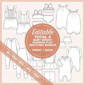 Fashion Flats Baby Newborn Infant technical fashion flats sketch bundle 02, cads, mockups and design (ai, pdf, eps, jpg & png files)