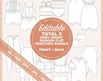 Fashion Flats Baby Newborn Infant technical fashion flats sketch bundle 02, cads, mockups and design (ai, pdf, eps, jpg & png files)