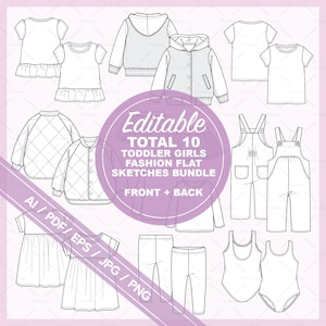 Pode incluir: Um conjunto de 10 esboços planos de moda editáveis para meninas pequenas. Os esboços incluem uma variedade de peças de vestuário, como vestidos, blusas, calças e macacões. Os esboços são em preto e branco e são adequados para uso em design de moda, ilustração e criação de padrões.