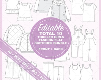 Illustrator Vector Toddler Girls technical fashion flats sketches bundle 03, cads, mockups and design (ai, pdf, eps, jpg & png files)