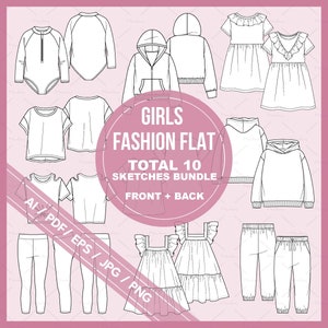 Illustrator Vector Girls schizzi tecnici di appartamenti di moda pacchetto di disegni n. 05, cad, modelli e design (file ai, pdf, eps, jpg e png)