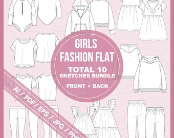 Illustrator Vector Girls technical fashion flats sketches drawing bundle #05, cads, mockups and design (ai, pdf, eps, jpg & png files)