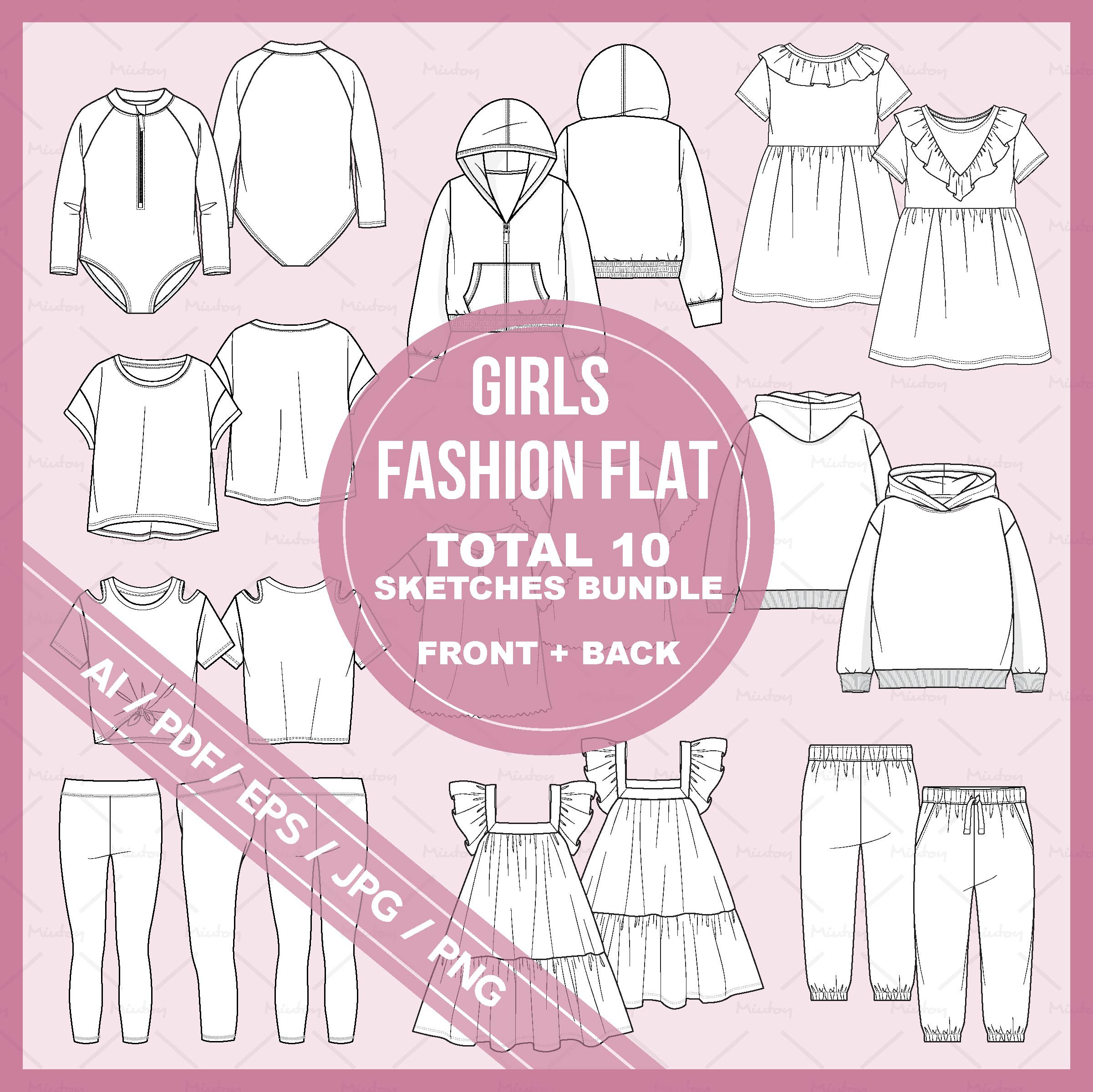 Illustrator Vector Girls technical fashion flats sketches drawing bundle #05, cads, mockups and design (ai, pdf, eps, jpg & png files)