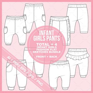 May include: Four black and white line drawings of infant trousers. The drawings show the front and back views of each trouser style. The text "INFANT GIRLS PANTS" and "TOTAL = 4" is included in the image.