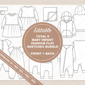 Peut inclure: Un ensemble de huit croquis plats de vêtements pour bébé modifiables, comprenant une robe, une combinaison, un sweat à capuche, une grenouillère, un legging et un bandeau. Les croquis sont en noir et blanc et sont étiquetés "Editable, Total 8 Baby Infant Fashion Flat Sketches Bundle, Front + Back".