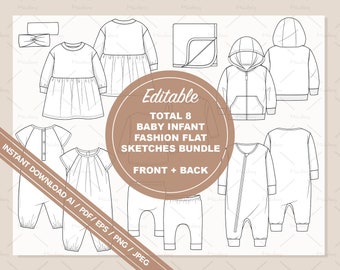 Baby Newborn Infant technical fashion flat sketch bundle 01, cads and design (ai, pdf, eps, jpg & png files)