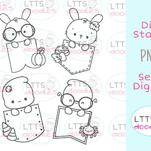 May include: Four black and white digital stamp images of cute animals with glasses holding blank signs. The animals are a bunny, a ghost, a bunny with a flower, and a bunny with a spider. The text "Digi Stamp PNG" and "Sello Digital" is in the image.