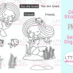 PNG Meerjungfrau und Freunde Digi Stempel, Meer Ausmalseite, Sommer Kinder Basteln, PNG Instant Download Bild, handgemachte Karte, DIY Karten