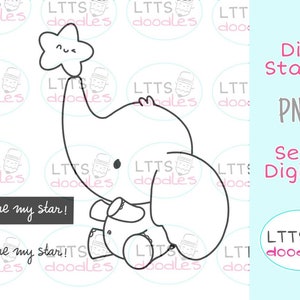 PNG Elefant Stern Digi Stempel, Malseite, Kinder Basteln, PNG Instant Download Bild, handgemachte Karte, DIY Karten, Geschenkanhänger, süßer Elefant