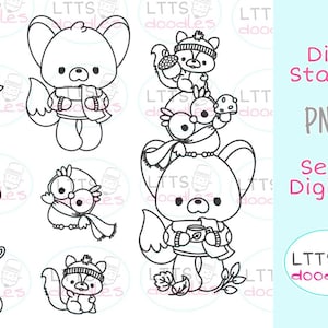 PNG Autumn Friends digi stamp, sello de animales del bosque, imagen de descarga instantánea de ilustración de otoño, tarjeta hecha a mano, tarjetas de bricolaje