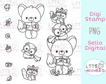 PNG Autumn Friends digi stamp, woodland animals stamp, Fall illustration instant download image, hand made card, DIY cards