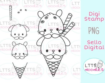 PNG Ice  Cream Bunny digi stamp, ice cream stamp, kids crafts, PNG instant download image, hand made card, DIY cards, Gift tags