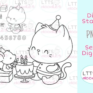 PNG Geburtstag Katze Digi Stempel-Geburtstagskarte Stempel-png Instant Download Bild-handgemachte Karte-DIY Karten-Geschenkanhänger