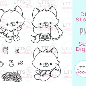 PNG Autumn Fox digi stamp, Baby fox stamp, Kawaii fox image, Fall illustration instant download image, hand made card, DIY cards