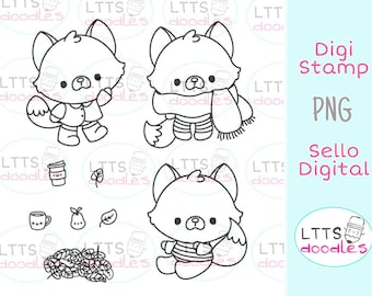 PNG Autumn Fox digi stamp, Baby fox stamp, Kawaii fox image, Fall illustration instant download image, hand made card, DIY cards