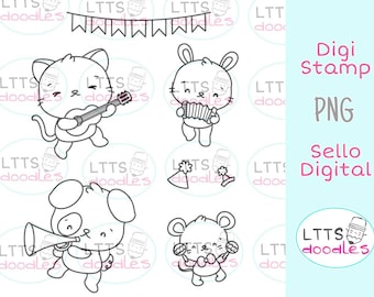 PNG Party digi stamp, cute animals stamp, summer illustration, Instant download