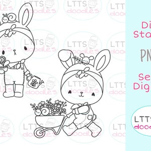 PNG Gärtner Bunny Digi Stempel, Ostern Färbung Seite, Frühling Kinder Handwerk, PNG instant download Bild, handgemachte Karte, DIY-Karten, Geschenkanhänger