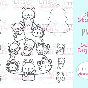 PNG Cats Xmas Tree digi stamp, Christmas cats, kids crafts, jpg instant download image, hand made card, DIY cards, Gift tags