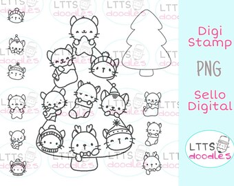 PNG Cats Xmas Tree digi stamp, Christmas cats, kids crafts, jpg instant download image, hand made card, DIY cards, Gift tags