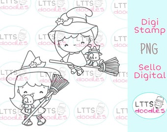 PNG ルナ・ザ・ウィッチ デジスタンプ、PNG インスタントダウンロード画像、ハロウィン デジスタンプ、DIY カード、ギフトタグ