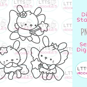 PNG Bunny Feen Set von drei Digi Stempeln, PNG Instant Download Bild, DIY Karten, Geschenkanhänger