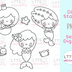 PNG Little Mermaids digi stamps, PNG instant download image, Summer digi Stamp,  DIY cards, Gift tags