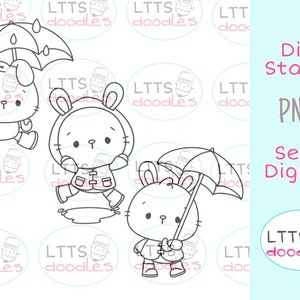 PNG Regnerischer Tag Digi Stempel, süße Hasen Stempel, Frühling Illustration, Sofort download