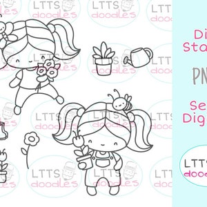PNG Im Garten Digi Stempel, Chibi Mädchen Stempel, Muttertagskarte, Frühling Illustration, Sofort download