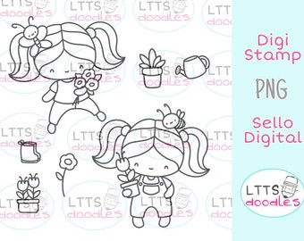 PNG In the Garden digi stamp, Chibi girl stamp, Mothers Day card, Spring illustration, Download istantaneo